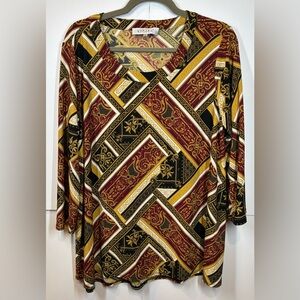 Kasper Geometric Baroque 3/4 Sleeve Top in Burgundy, Black & Gold Size XL
